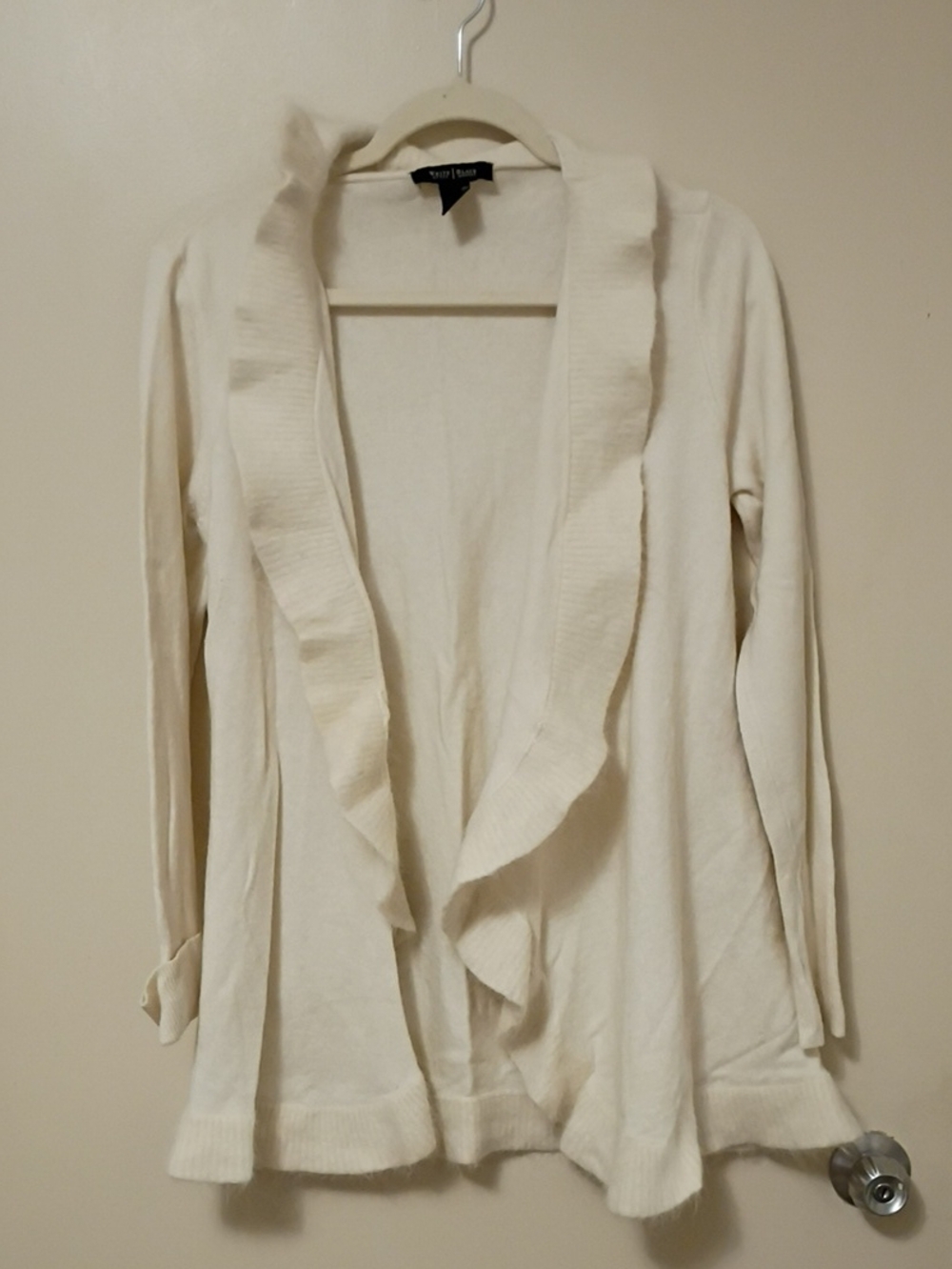 White House Black Market Ivory Ruffled Open-Front Wool Blend Cardigan Large